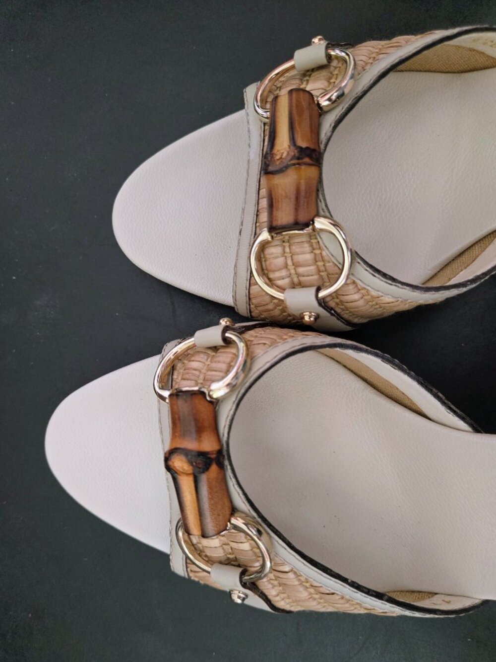 Vintage Gucci Bamboo Horsebit Mules - Raffia Vamp, 3" Heel, Italy, Size 9 1/2 - Picture 3 of 11